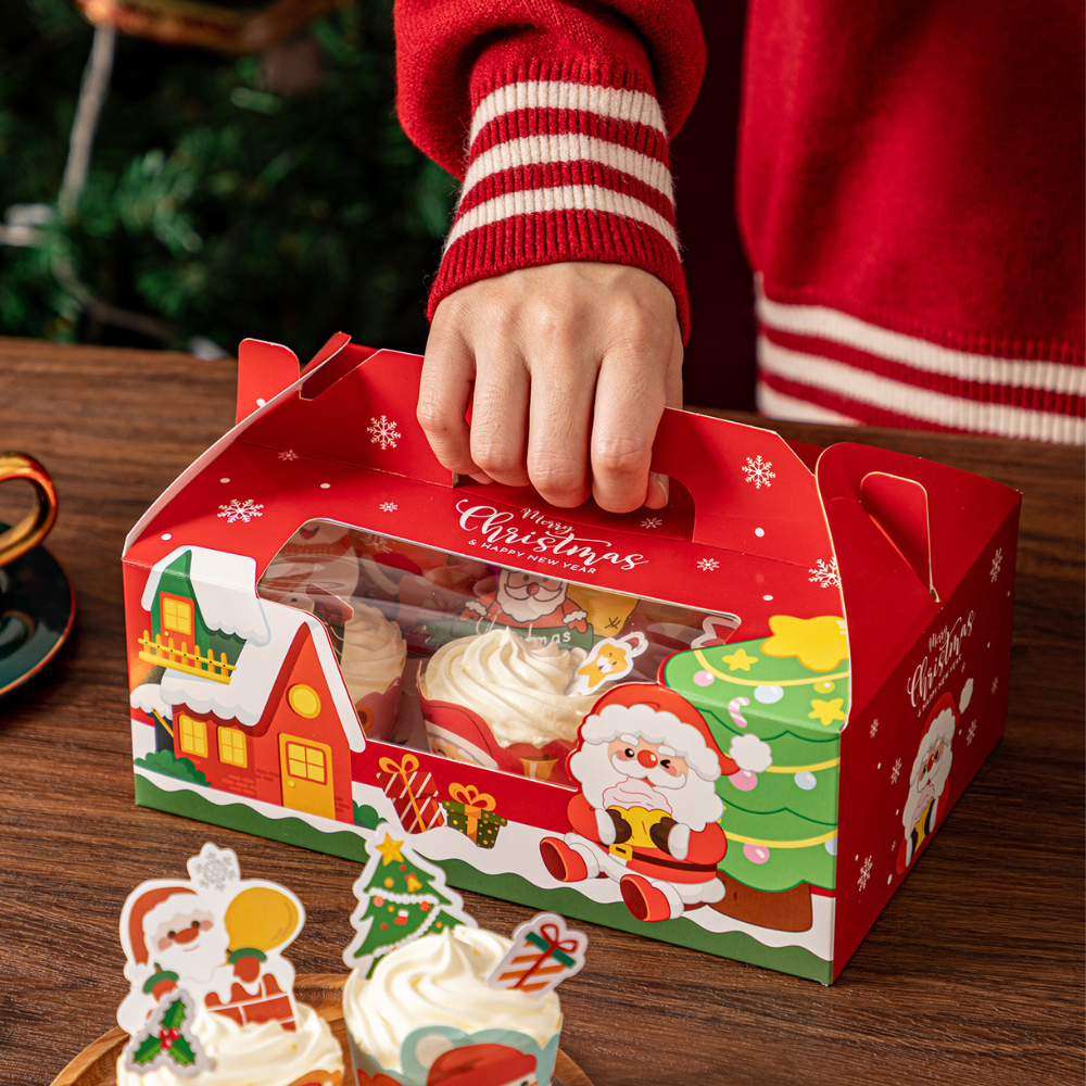 Christmas Window Cupcake Boxes W/ Handle | Fit 4/6 Cupcakes (10 Pcs/Pack)