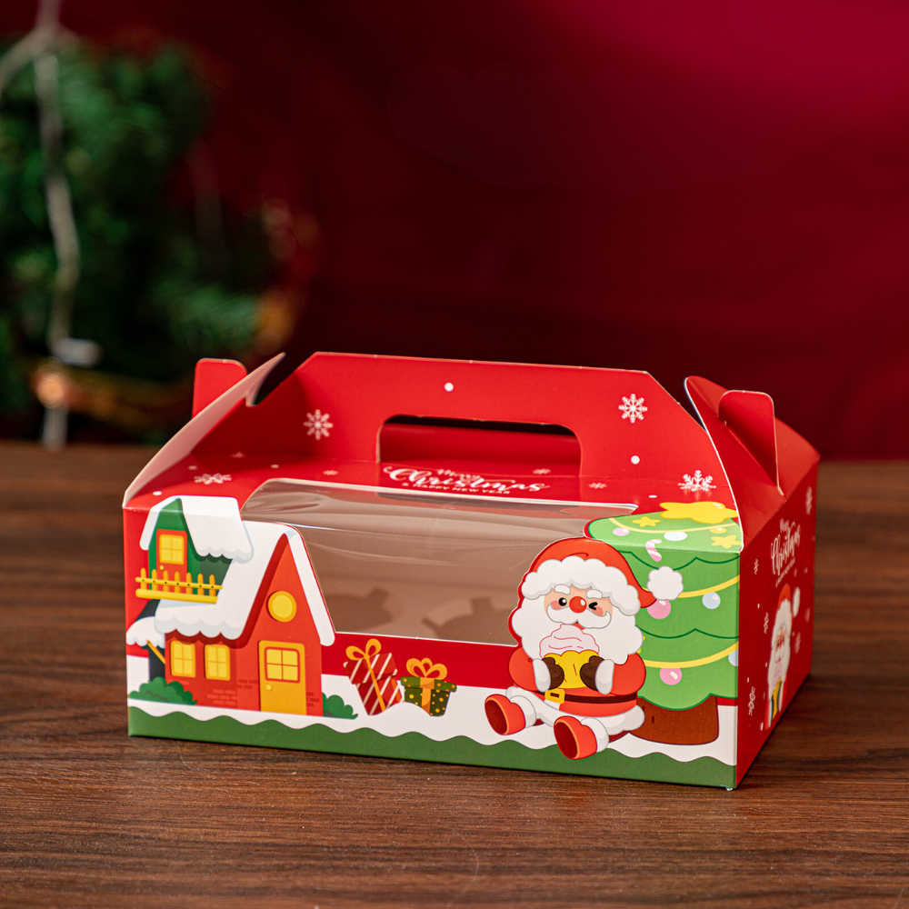 Christmas Window Cupcake Boxes W/ Handle | Fit 4/6 Cupcakes (10 Pcs/Pack)