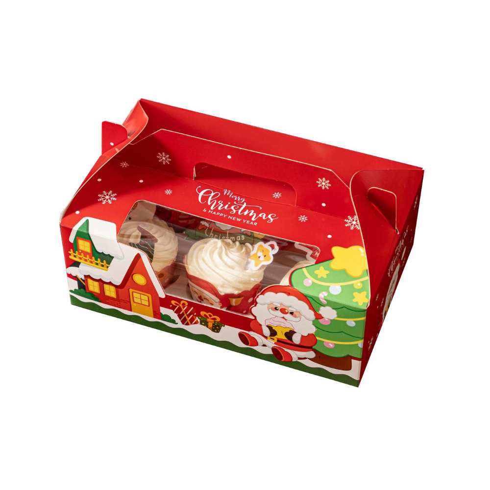 Christmas Window Cupcake Boxes W/ Handle | Fit 4/6 Cupcakes (10 Pcs/Pack)