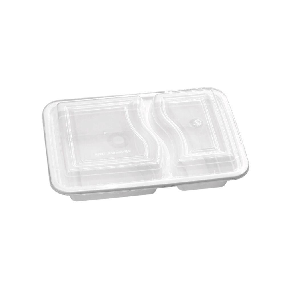 RE-232 | HD 32oz PP White Rectangular Container W/ Lid | 2 Compartment - 150 Sets