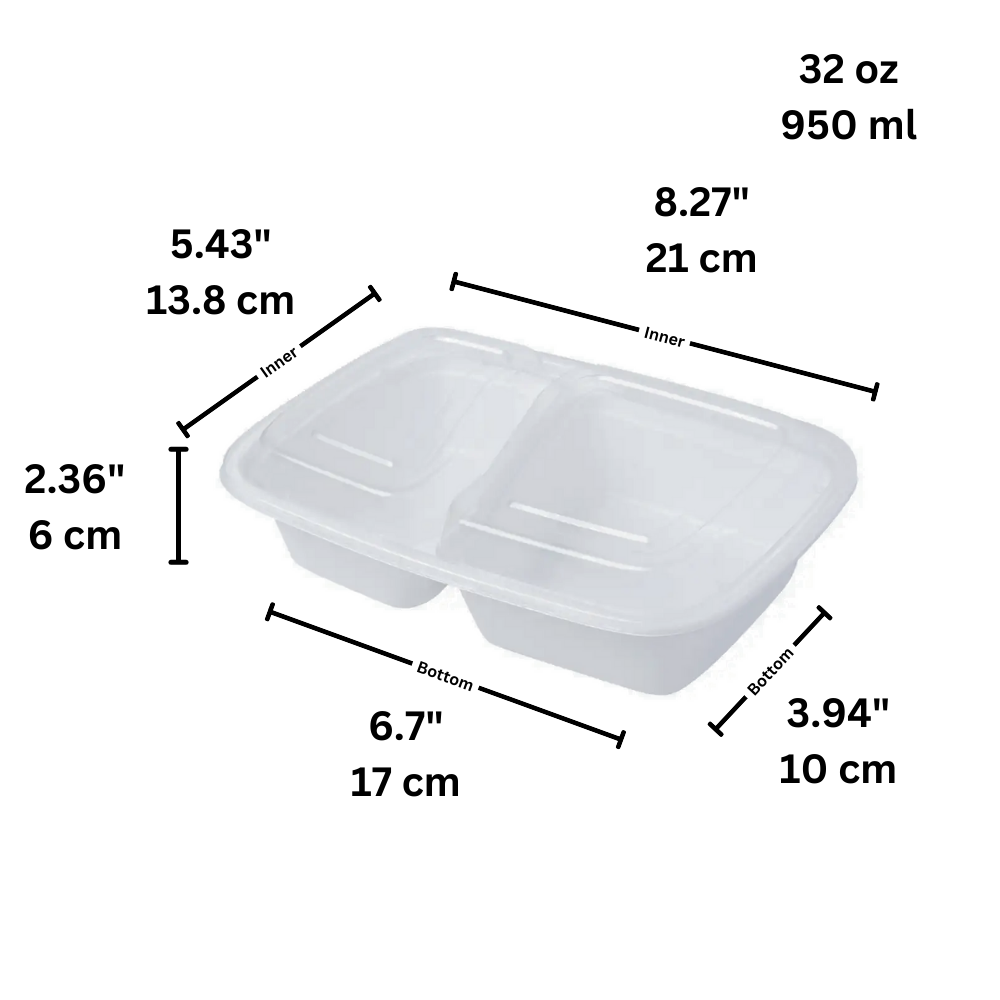 RE-232 | HD 32oz PP White Rectangular Container W/ Lid | 2 Compartment - size
