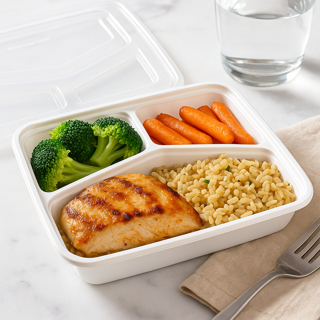 RE-342 | HD 42oz PP White Rectangular Container W/ Lid | 3 Compartment