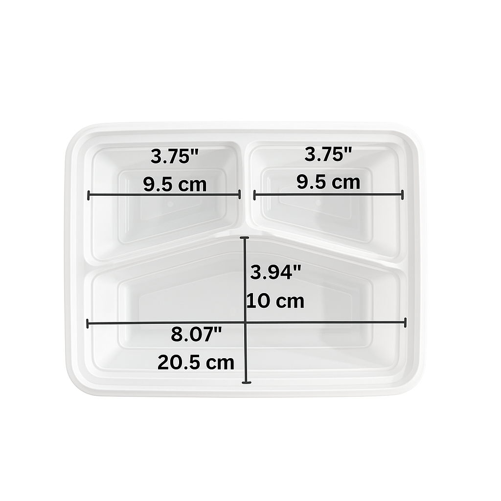 RE-342 (w/Regular) White 3 Compt. Rect. Plastic Container -150 Sets-insidesize