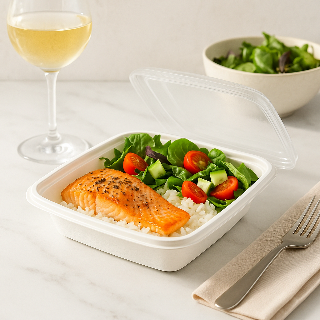 RE-48 | HD 48oz Microwaveable PP White Square Container W/ Lid with takeout food