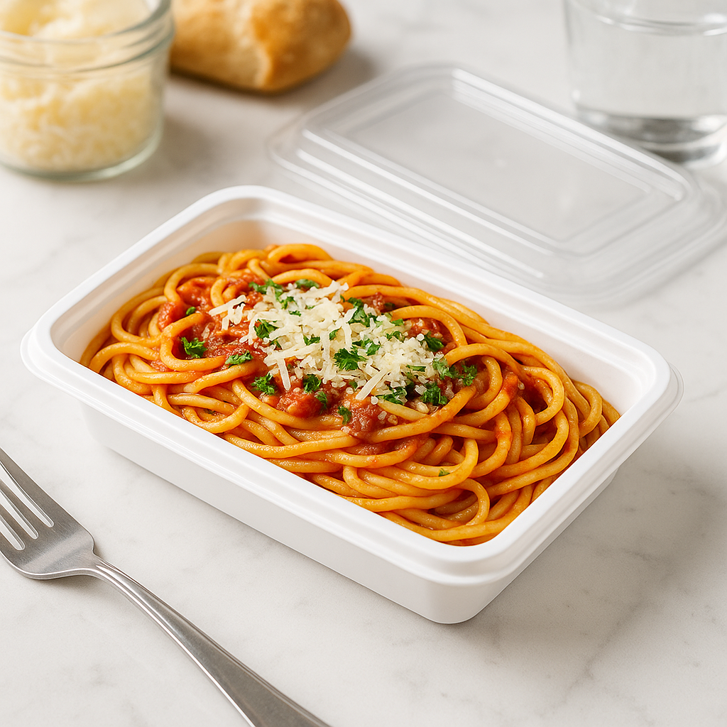 RE-58 | HD 58oz Microwaveable PP White Rectangular Container W/ Lid with pasta