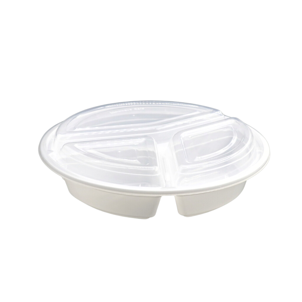 RO-348 | HD 48oz PP White Round Container W/ Lid | 3 Compartment - 150 Sets