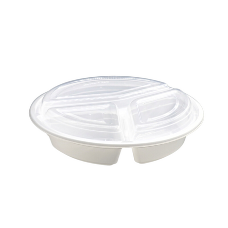 RO-348 | HD 48oz PP White Round Container W/ Lid | 3 Compartment - 150 Sets