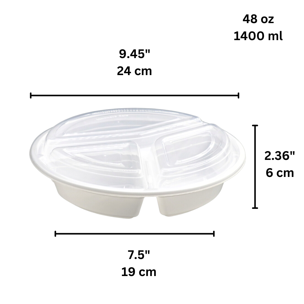 RO-348 | HD 48oz PP White Round Container W/ Lid | 3 Compartment - size