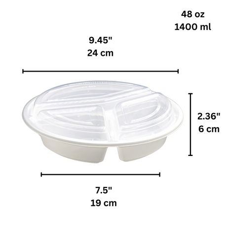 RO-348 | HD 48oz PP White Round Container W/ Lid | 3 Compartment - size