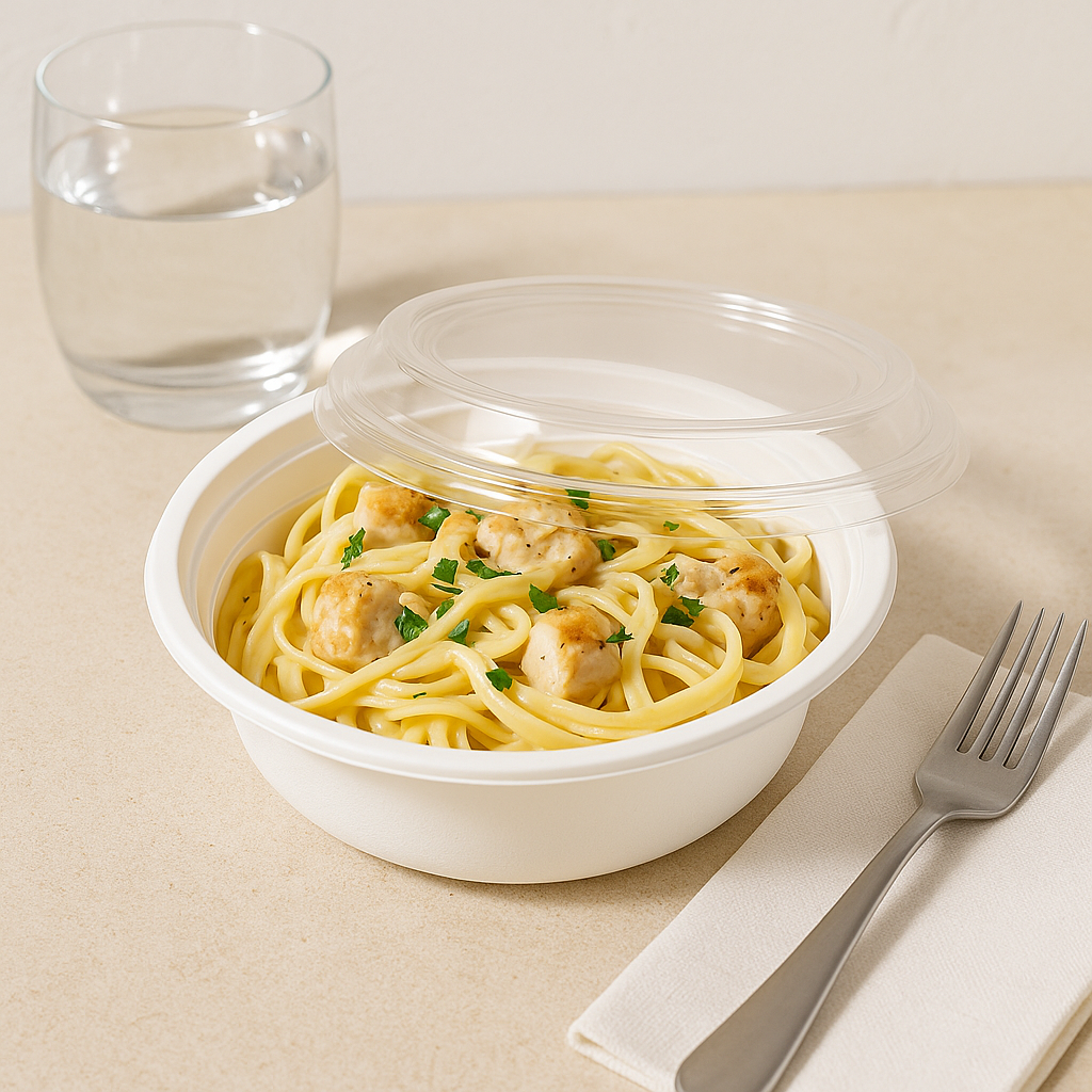 RO-37 | HD 37oz Microwaveable PP White Round Container W/ Lid and pasta