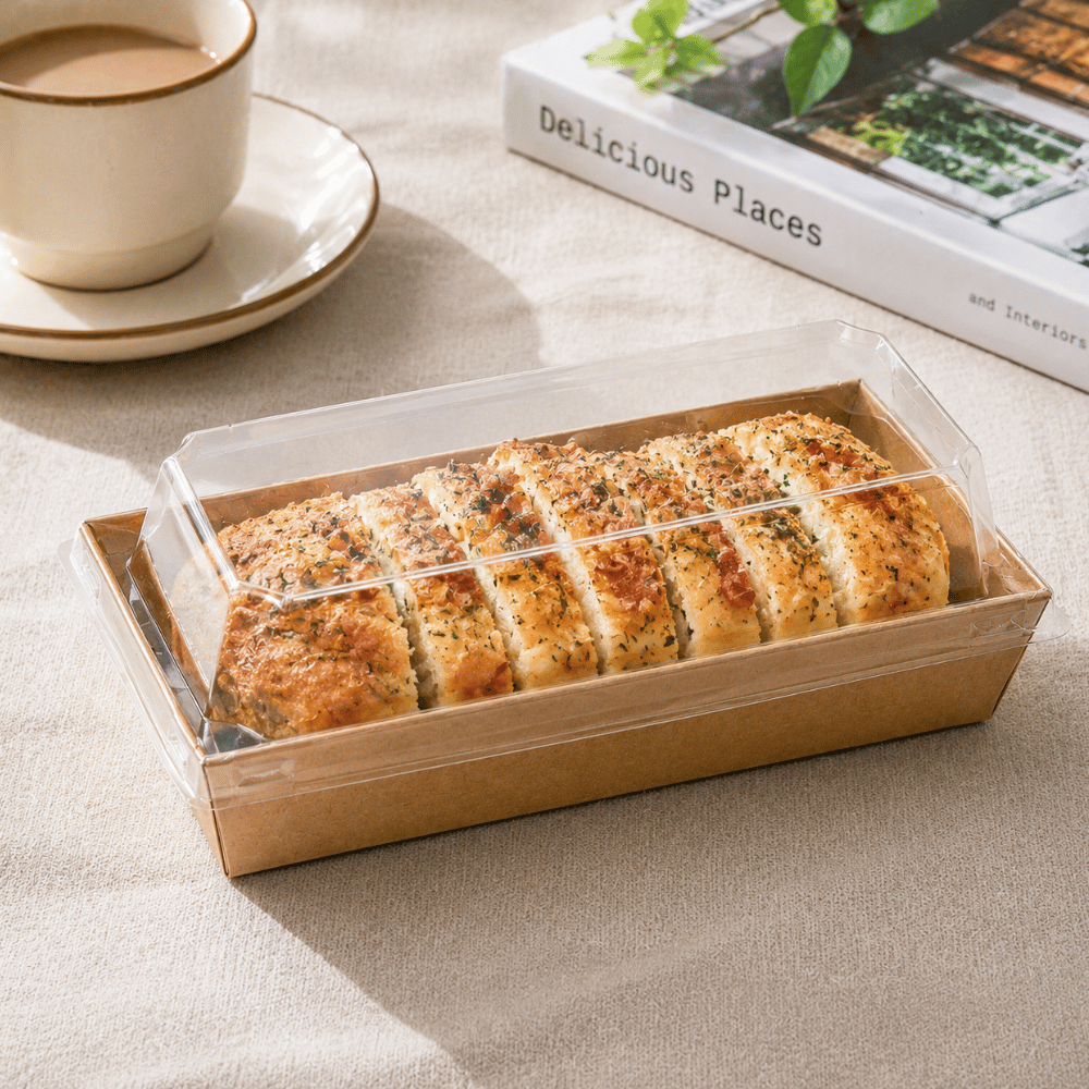 Rectangular PE-Coated Kraft Paper Box W/ Clear PET Lid | 7.5x3.4x2.56" (200 Pcs/Case) - with bread
