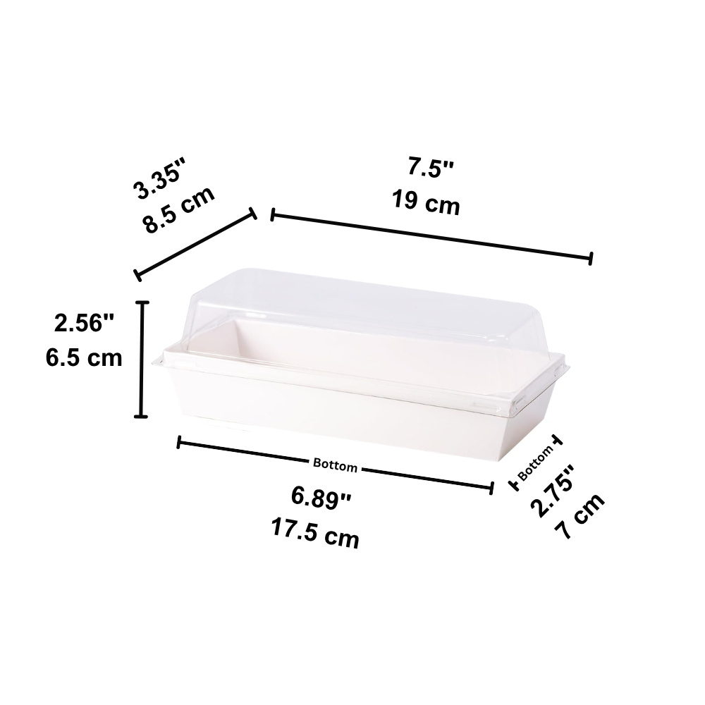 Rectangular White Paper Cake Box W/ PET Lid | 7.5x3.35x2.56" - size