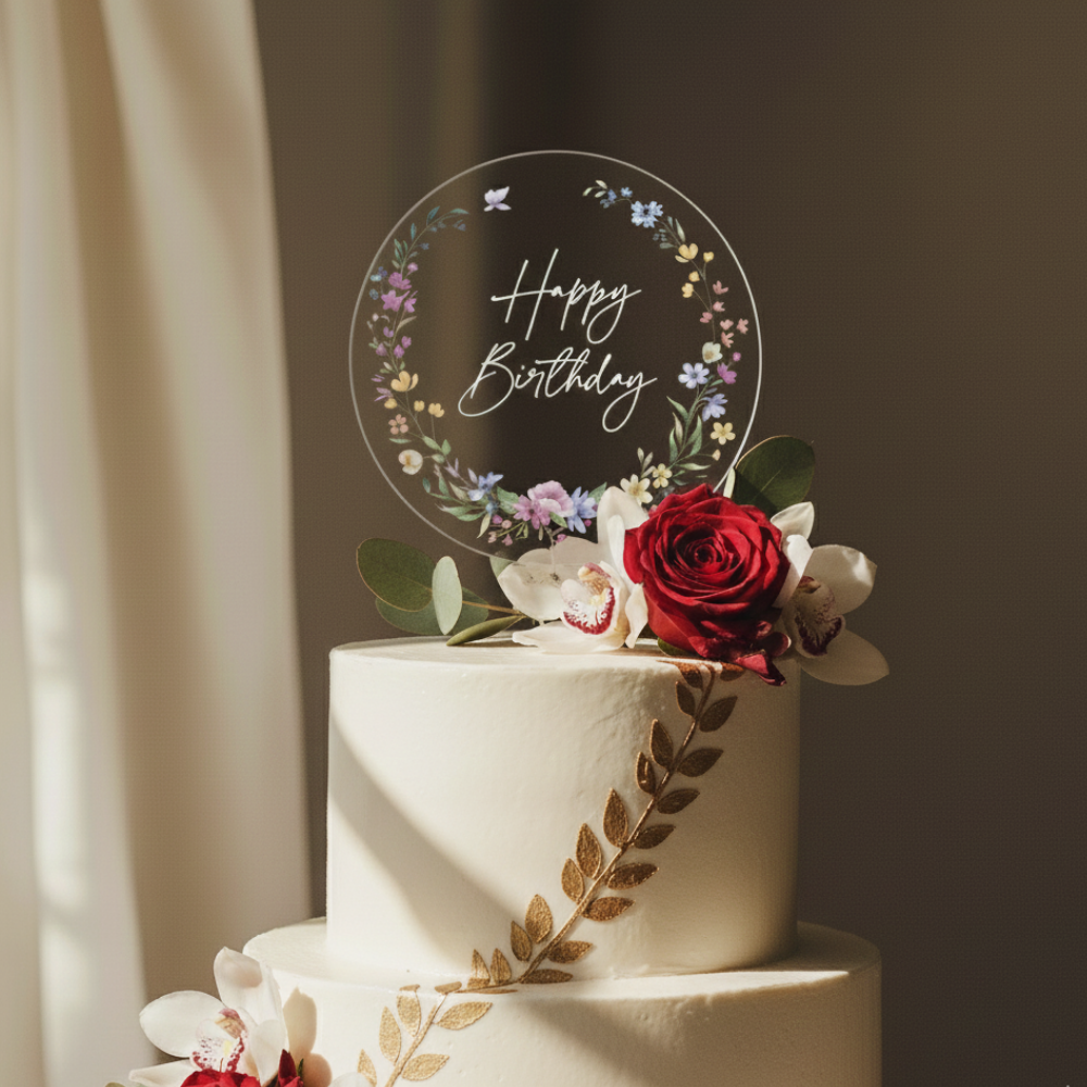 Round Floral Happy Birthday Cake Topper | Colorful Flower Design