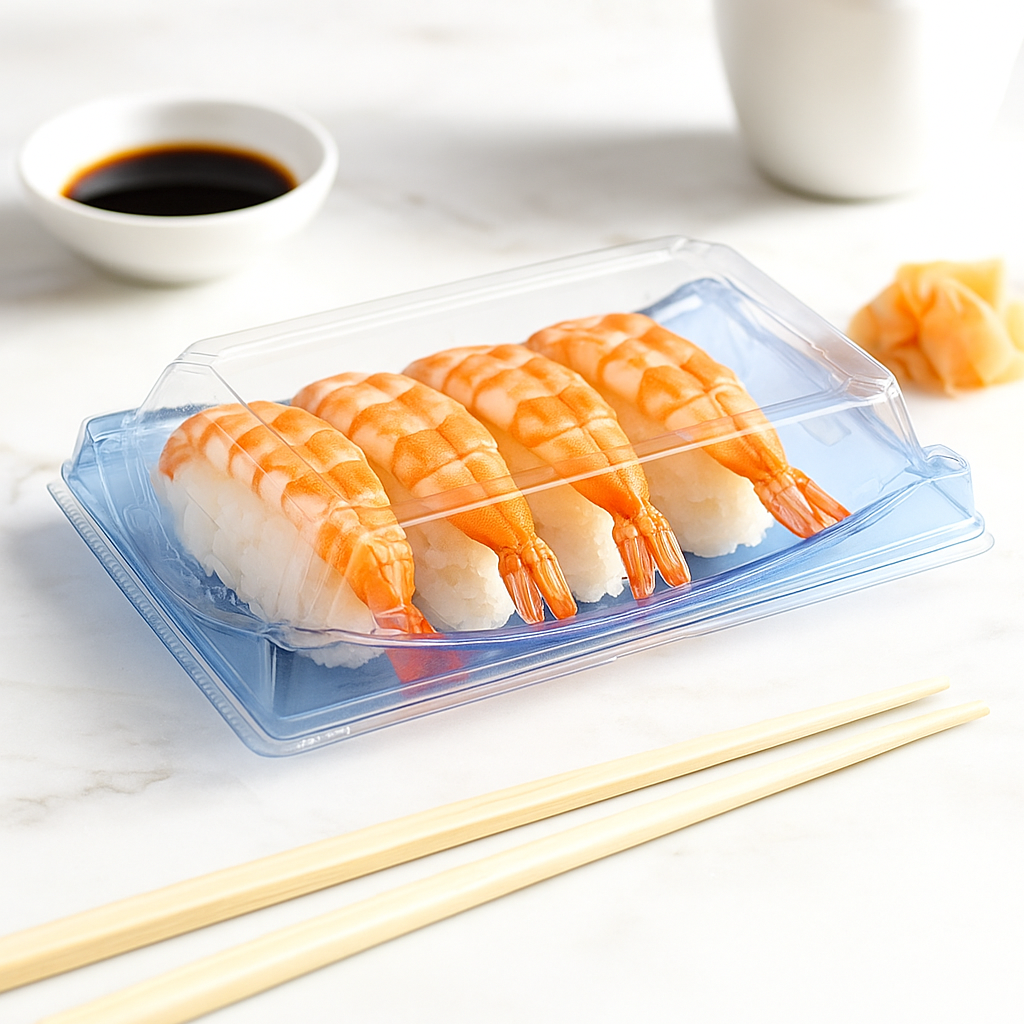 SK-20_PET_Blue_Sushi_Container_W_Lid_5.12x2.76x2.17 with sushi