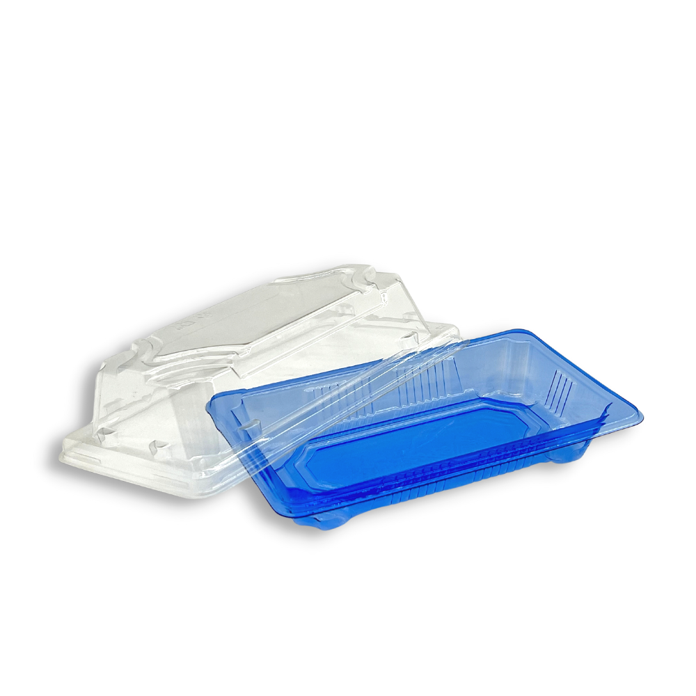 SU-1100 PET | Blue Sushi Tray W/ Clear Lid | 5.52x3.15x1.89" - open