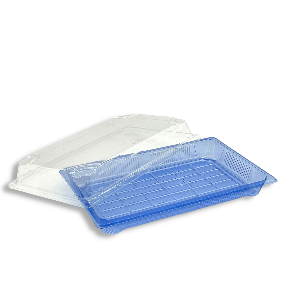 SU-1109 PET | Blue Sushi Tray W/ Clear Lid | 9.25x5.71x2" - open