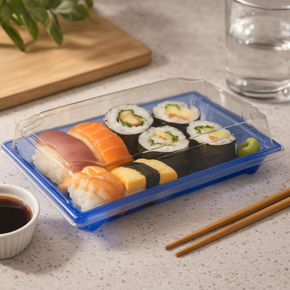 SU-1109 PET  Blue Sushi Tray W Clear Lid  9.25x5.71x2 with sushi