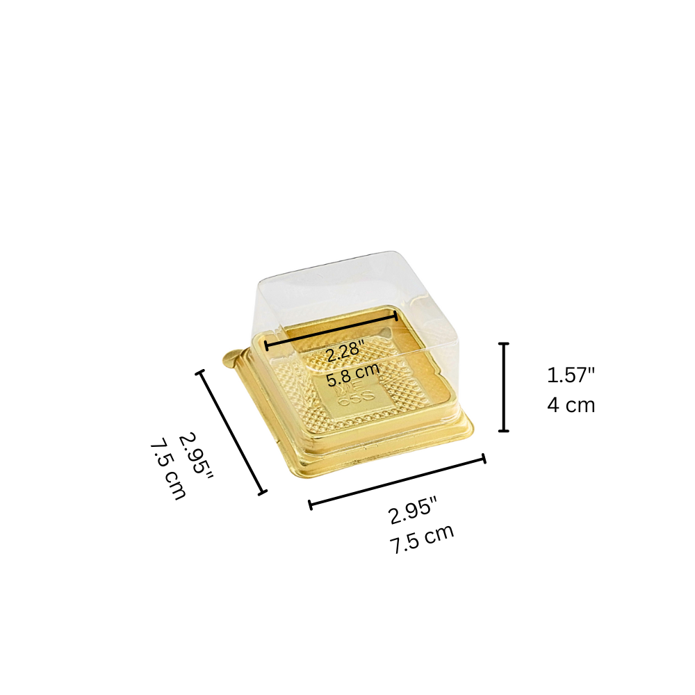 Single Pastry Container | Square Golden Tray W/ Clear Dome Lid | 2.28x2.28x1.57"