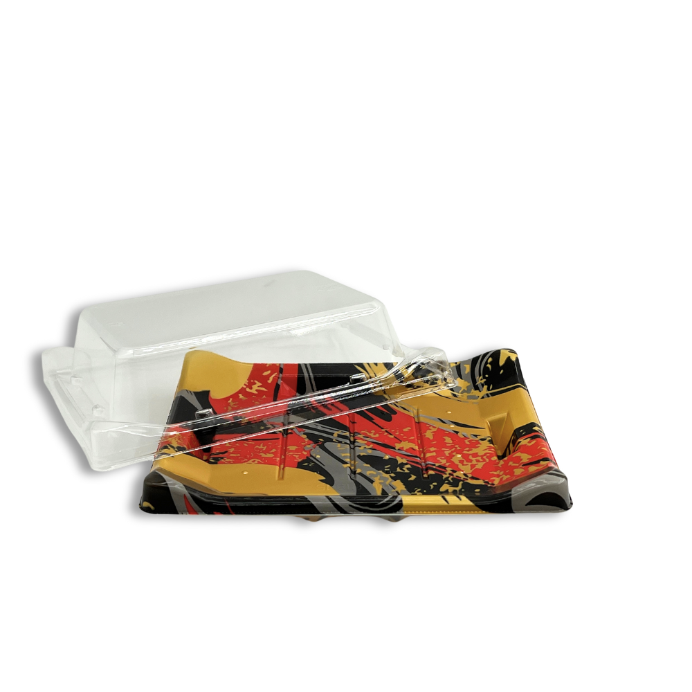 WL-B03 | Golden Red Sushi Tray W/ Clear Lid | 7x5.79x2.17" - open