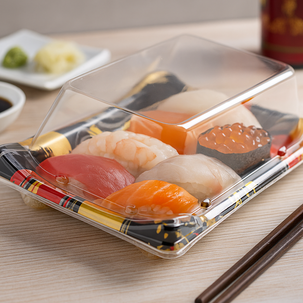WL-B03_Golden_Red_Sushi_Tray_W_Clear_Lid_7x5.79x2.17 with sushi