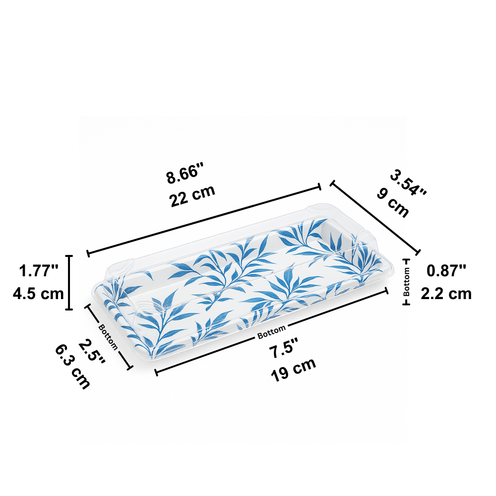 WP-02 | PET Blue Maple Pattern Sushi Tray W/ Lid | 8.66x3.54x1.77"-size