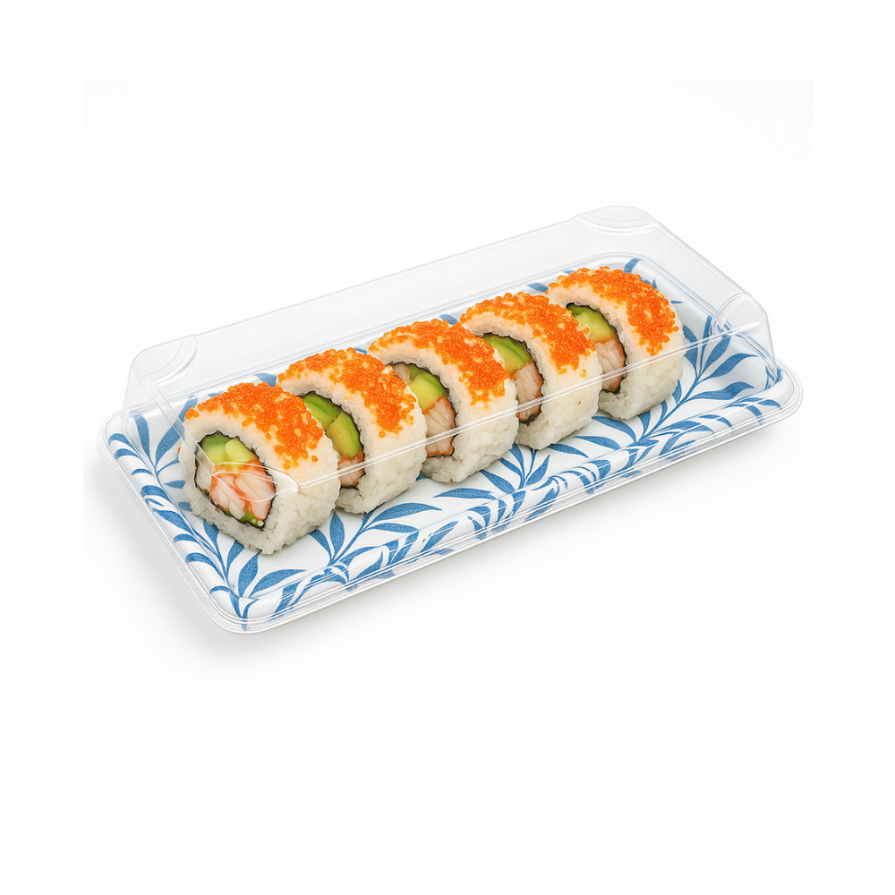 WP-02 | PET Blue Maple Pattern Sushi Tray W/ Lid | 8.66x3.54x1.77"-with sushi