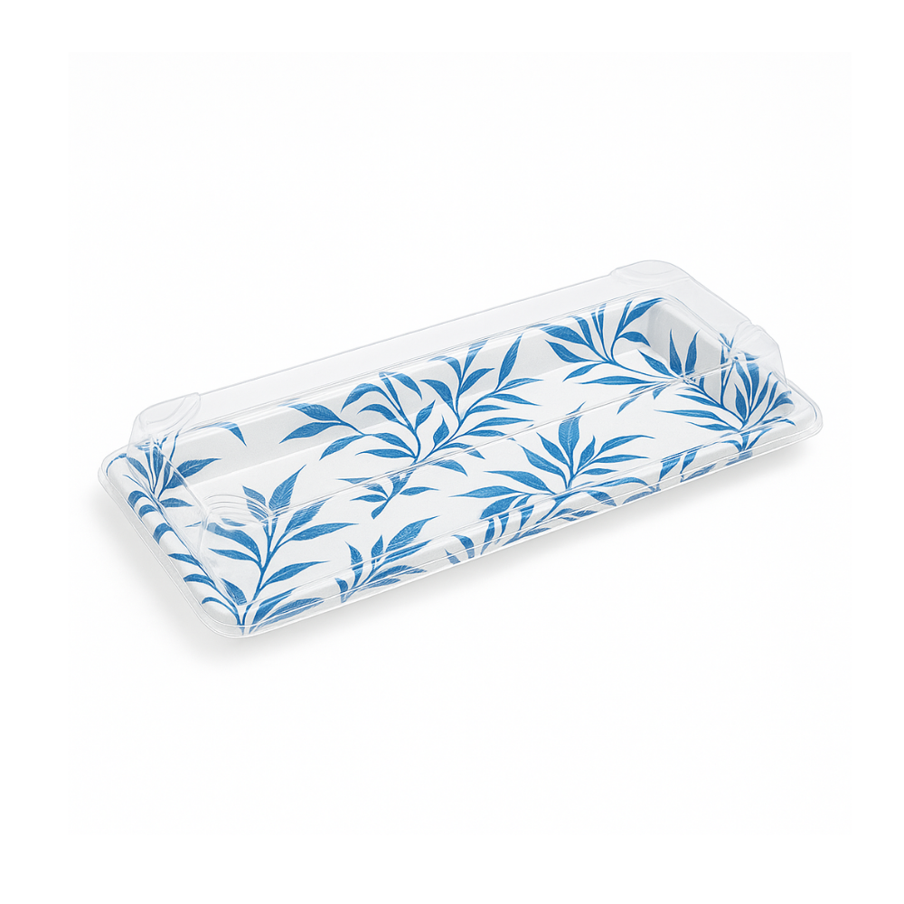 WP-02 | PET Blue Maple Pattern Sushi Tray W/ Lid | 8.66x3.54x1.77"