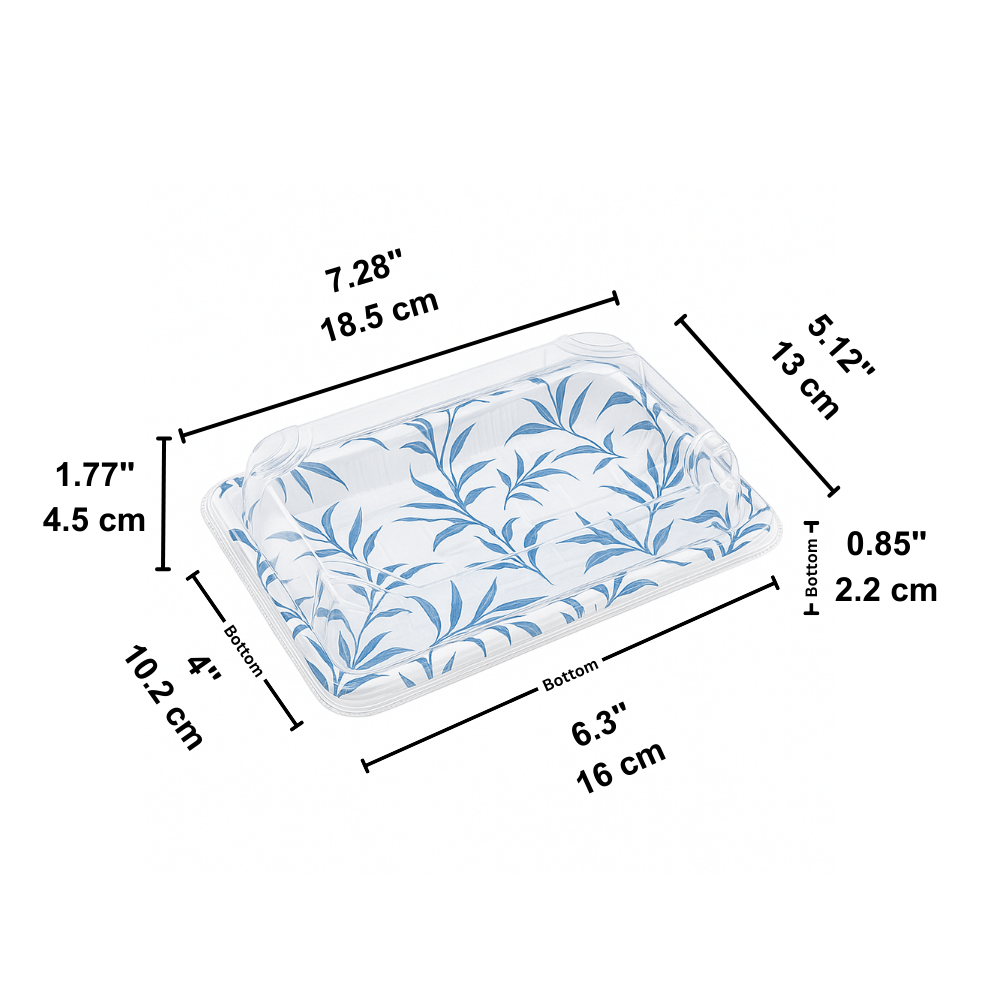 WP-05 | PET Blue Maple Pattern Sushi Tray W/ Lid | 7.28x5.12x1.77"-size
