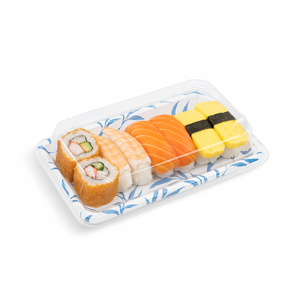 WP-05 | PET Blue Maple Pattern Sushi Tray W/ Lid | 7.28x5.12x1.77"-with sushi