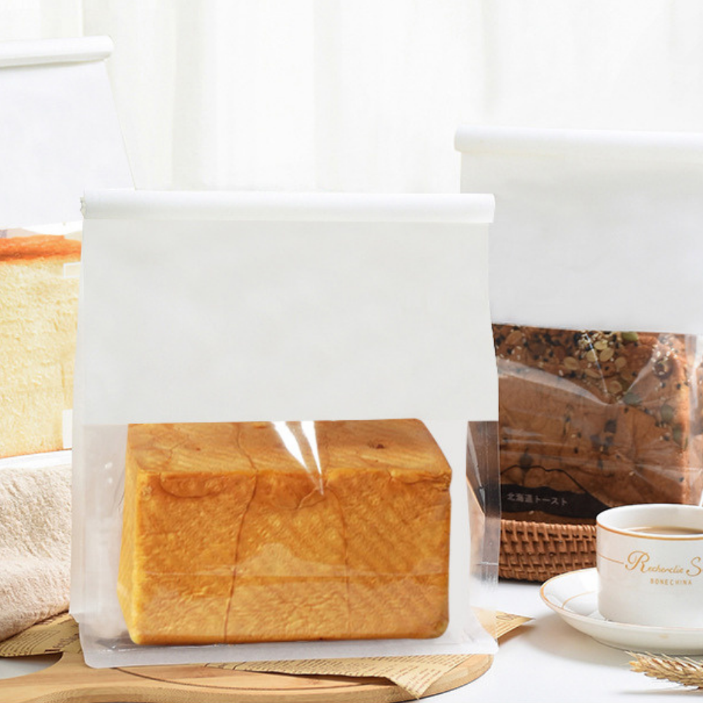 White Bread Paper Bakery Bag W/ Front Window & Tin Tie Tab Lock | 8.66x5.5x11.42" - with bread