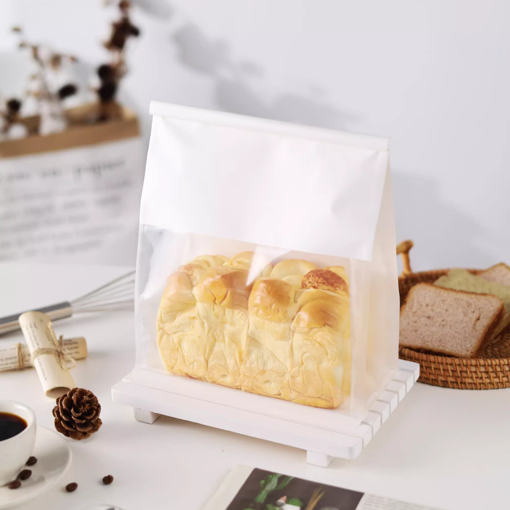 White Bread Paper Bakery Bag W/ Front Window & Tin Tie Tab Lock | 8.66x5.5x11.42" - with toast