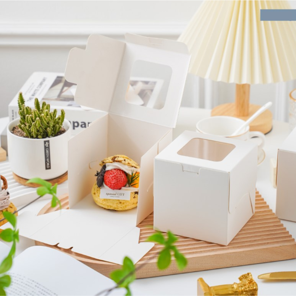 White Cake Paper Box W/ Window | 4.25x4.25x4.25" - With Puff inside