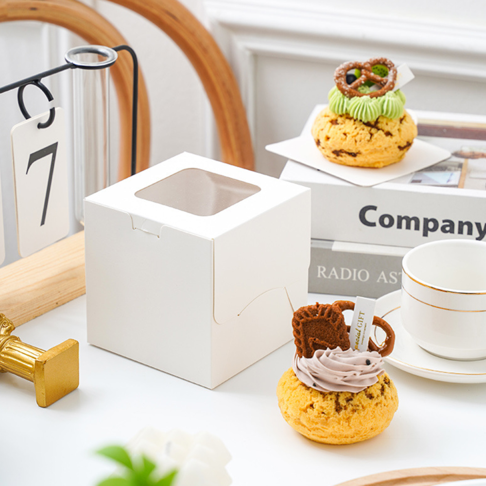White Cake Paper Box W/ Window | 4.25x4.25x4.25" - With Puff Beside