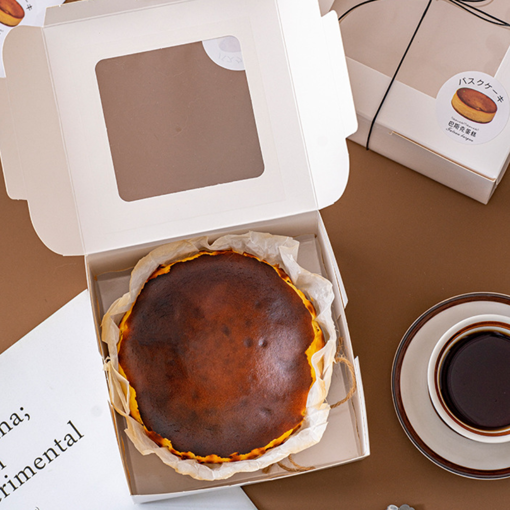 White Cake Paper Box W/ Window | 8x8x2.5" - With Basque Cheesecake