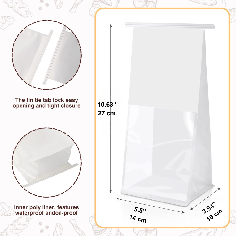 White Paper Bread Bag W/ Window & Tin Tie Tab Lock | 5.5x3.94x10.63"-size