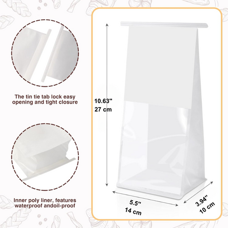 White Paper Bread Bag W/ Window & Tin Tie Tab Lock | 5.5x3.94x10.63"-size