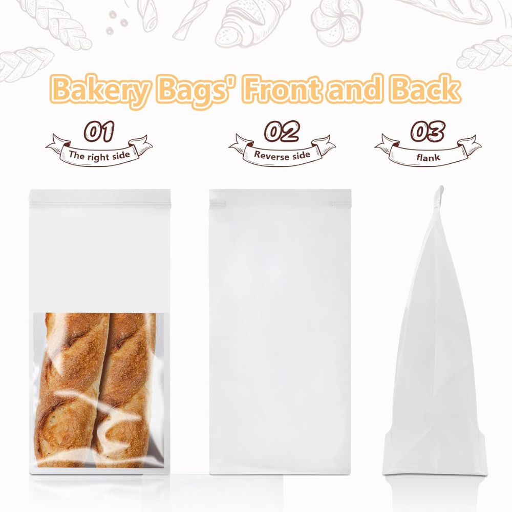 White Paper Bread Bag W/ Window & Tin Tie Tab Lock | 5.5x3.94x10.63" - three sides