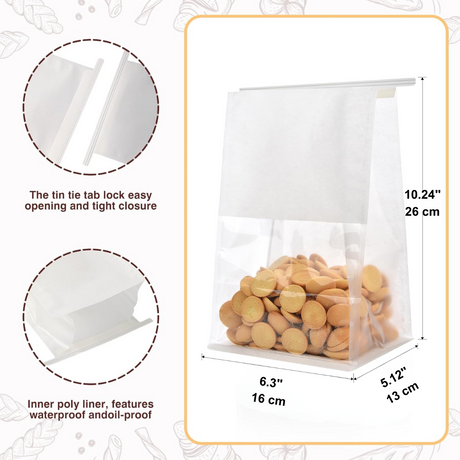 White Paper Bread Bag W/ Window & Tin Tie Tab Lock | 6.3x5.12x10.24"-size