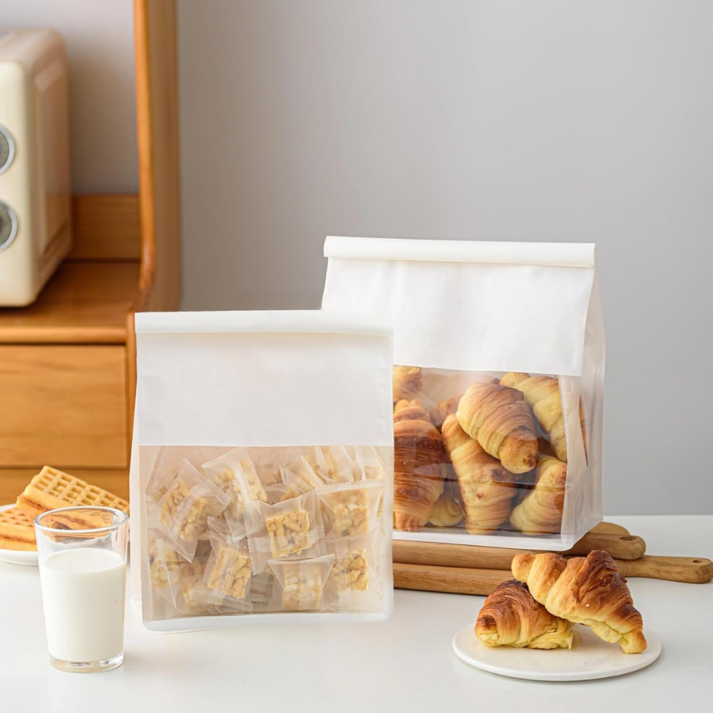 White Paper Bread Bag W/ Window & Tin Tie Tab Lock | 6.3x5.12x10.24"