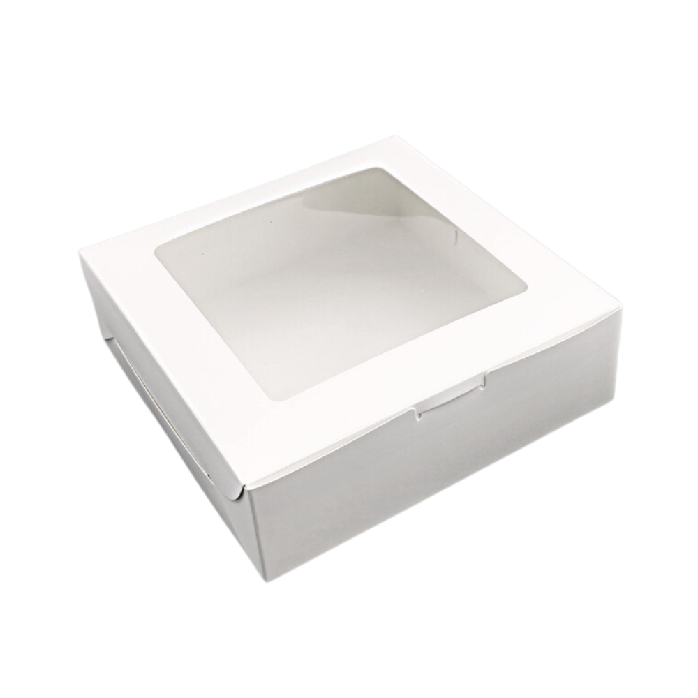 Boîte à pâtisserie carrée blanche en papier à gâteau avec fenêtre | 8x8x2.5" - 100 pièces