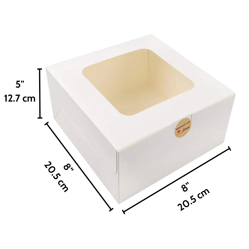 White Square Cake Paper Box W Window 8x8x5 - Size