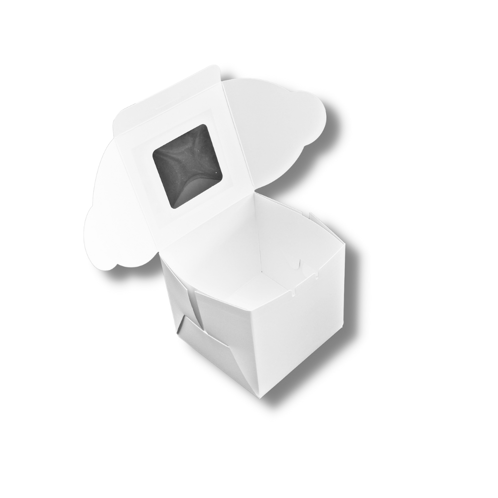 White Square Cake Paper Box W/ Window | 4.25x4.25x4.25" - open