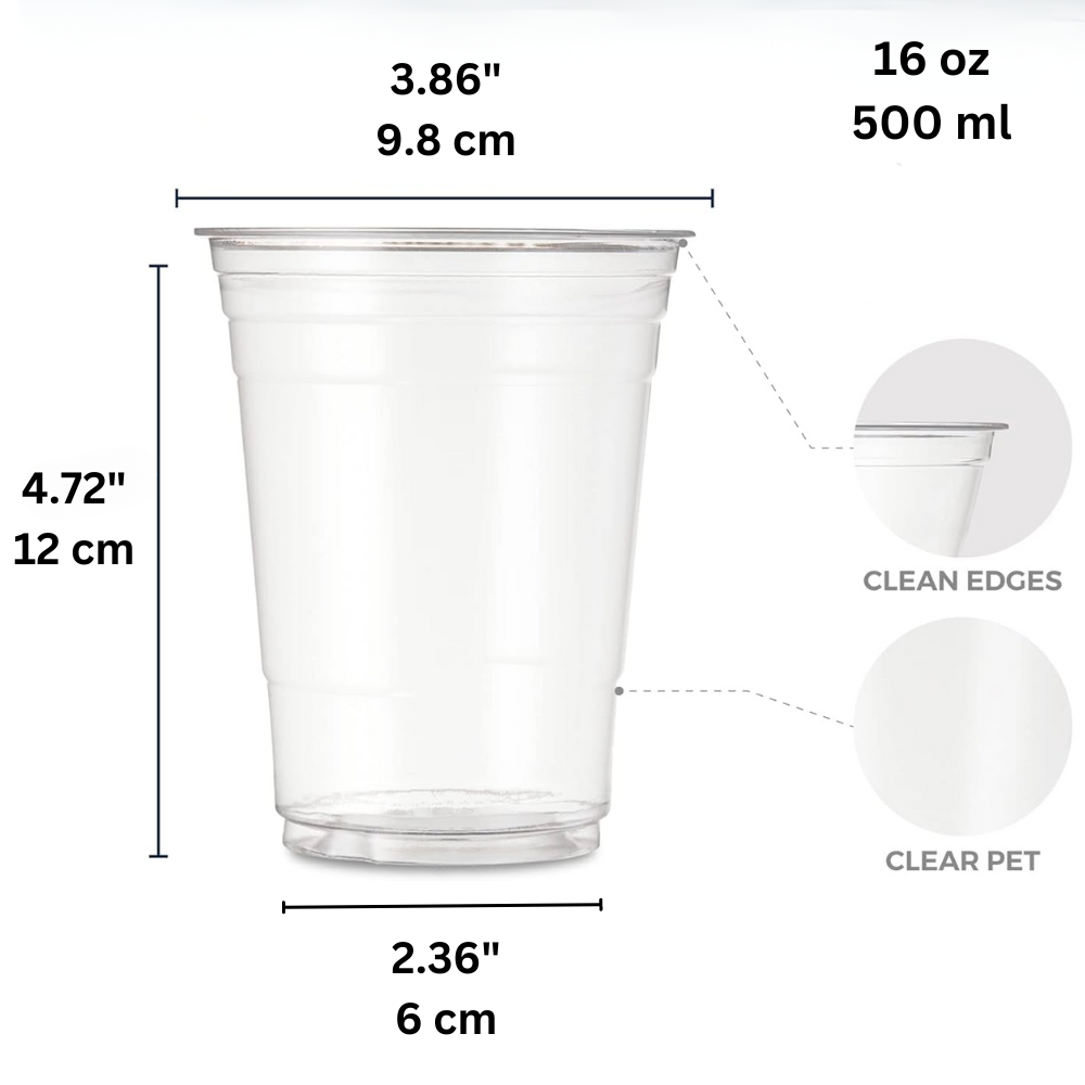 Size specifications for 16oz (500ml) PET Clear Bubble Tea, Iced Drinks & Smoothie Cup with 98mm Top