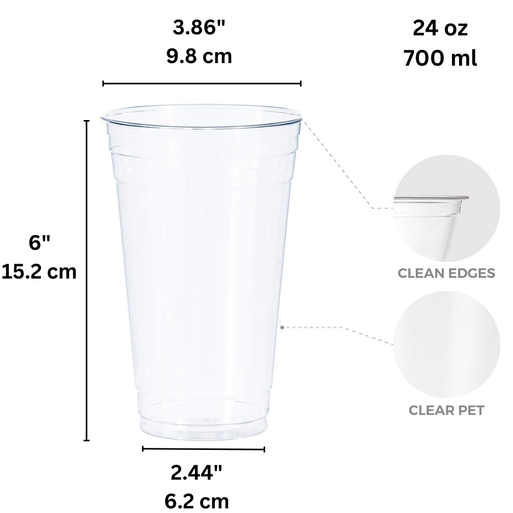 Size specifications for 24oz PET clear cold drink cup showing dimensions and 98mm top diameter