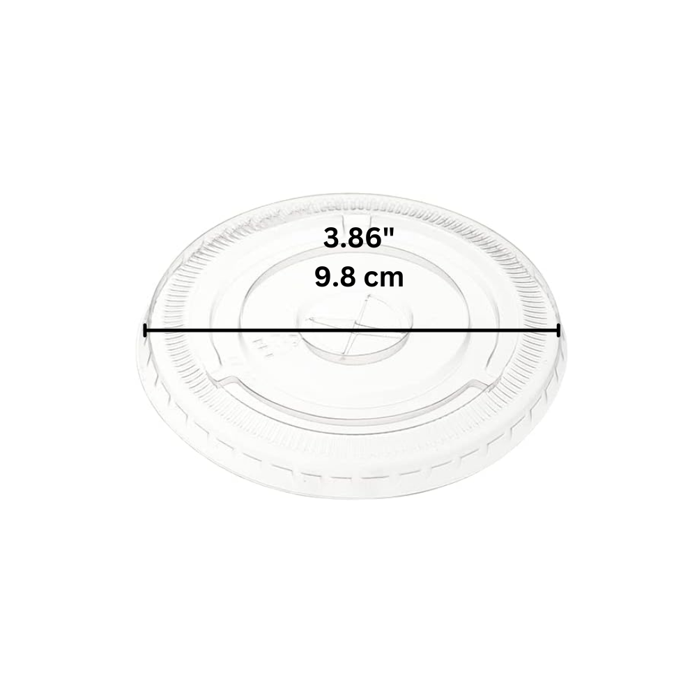 Size specifications for 98mm PET clear round flat lid showing dimensions and cup compatibility for XT12 to XT24