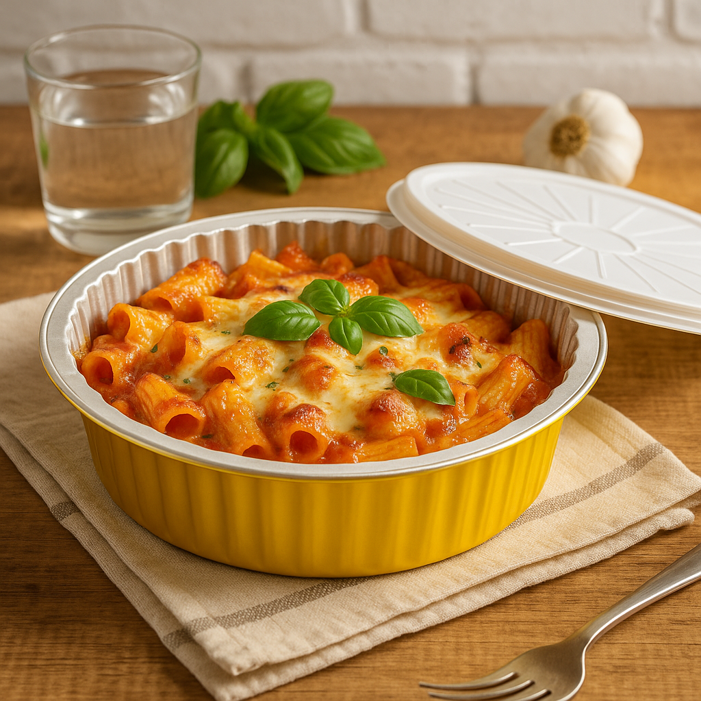 Y250-2500 | 84oz Golden Round Aluminum Foil Container W/ PP Lid with pasta