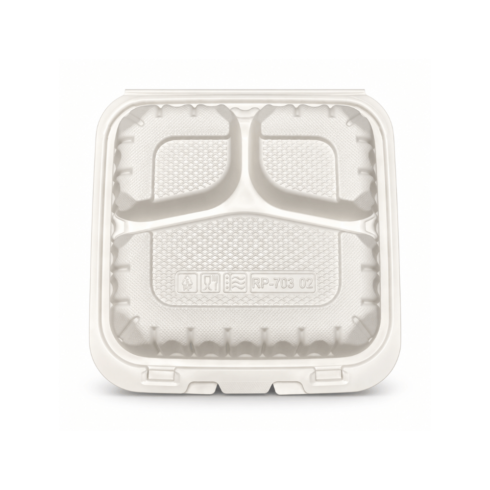 YQ-73 (703) | PP Clamshell Container W/ Vent Hole | 3 Compartment | 7.68x7.68x3" - bottom