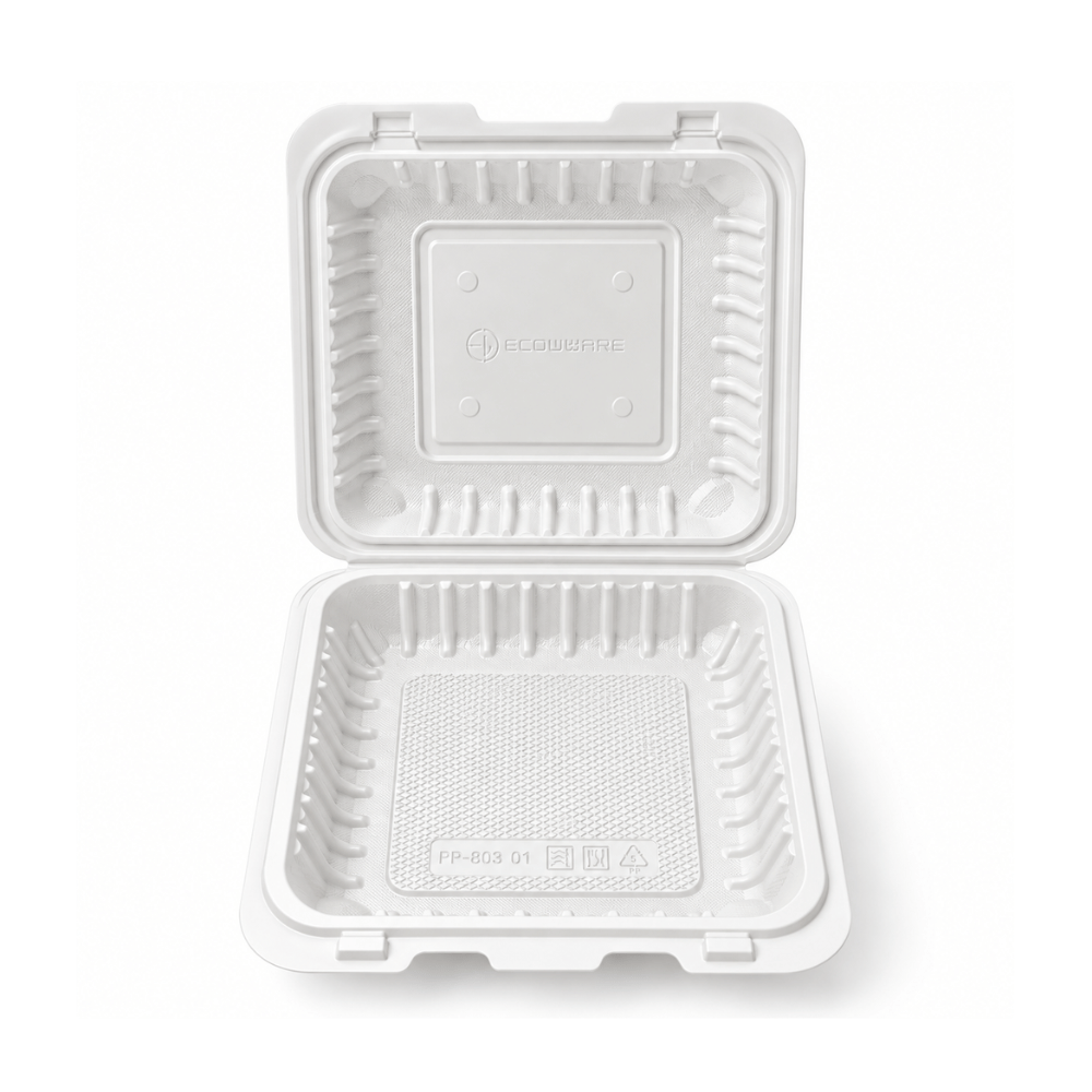 YQ-91 (991) | Microwavable PP Square Clamshell Container W/ Vent Hole | 9x9x3" - open