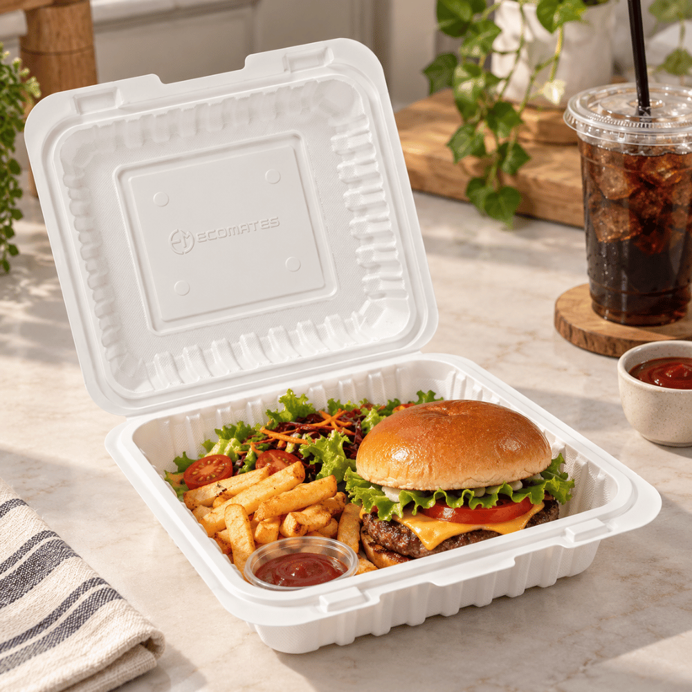YQ-91 (991) | Microwavable PP Square Clamshell Container W/ Vent Hole | 9x9x3" - with food