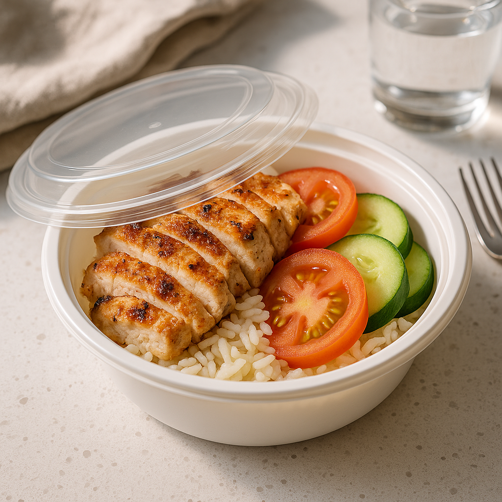 ZS-7024 | 24oz Microwaveable PP White Round Container W/ Vent Lid with meal